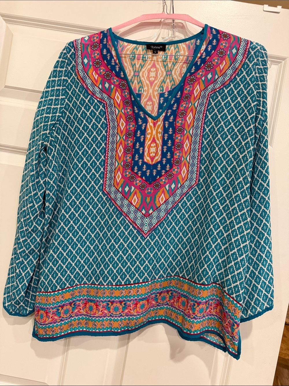 Tolani Teal Printed V-Neck Silk Tunic